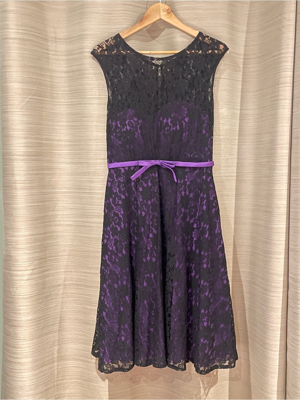 Christina Wu Black Lace Dress with Purple Lining and Purple Belt